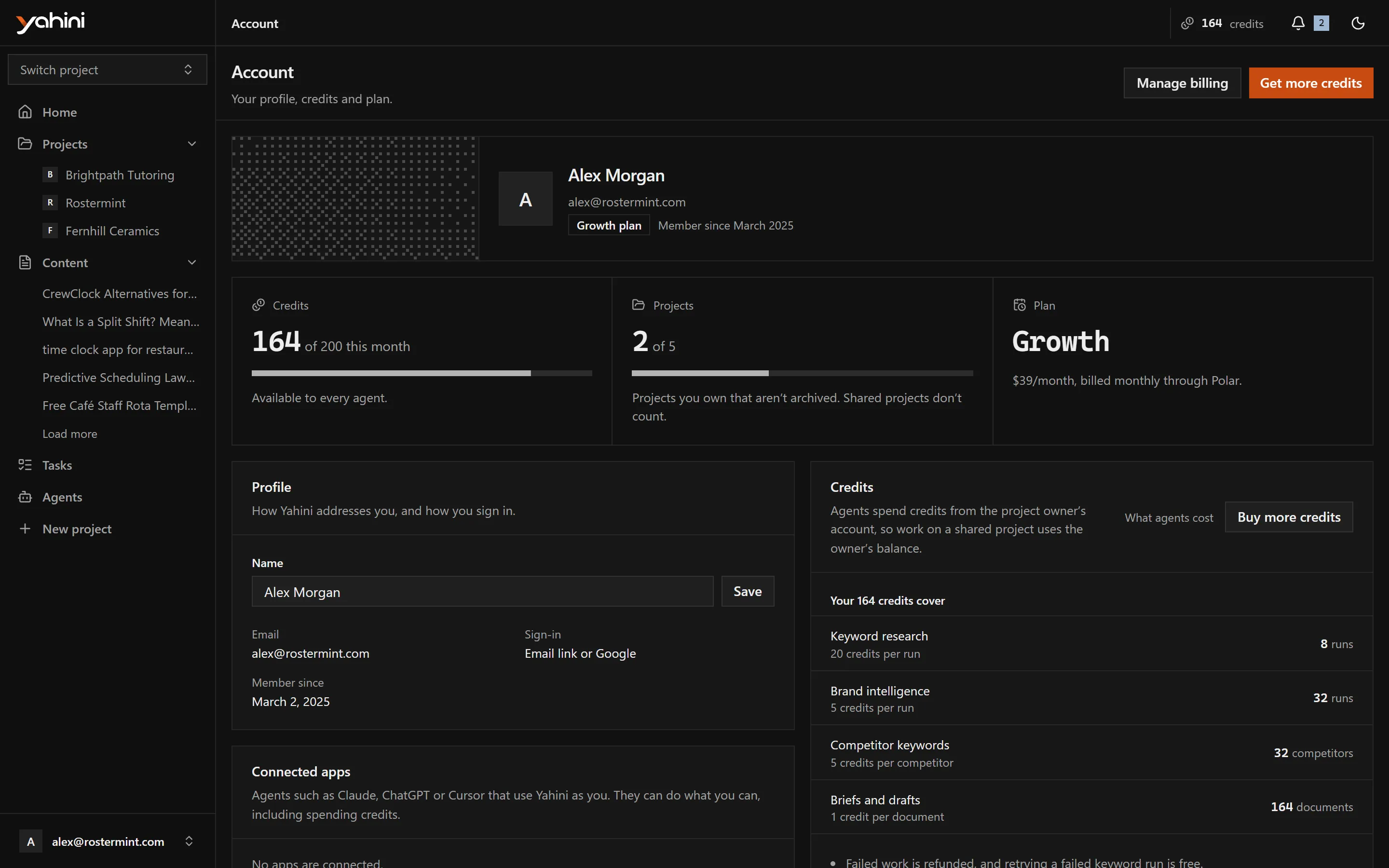 The Account page