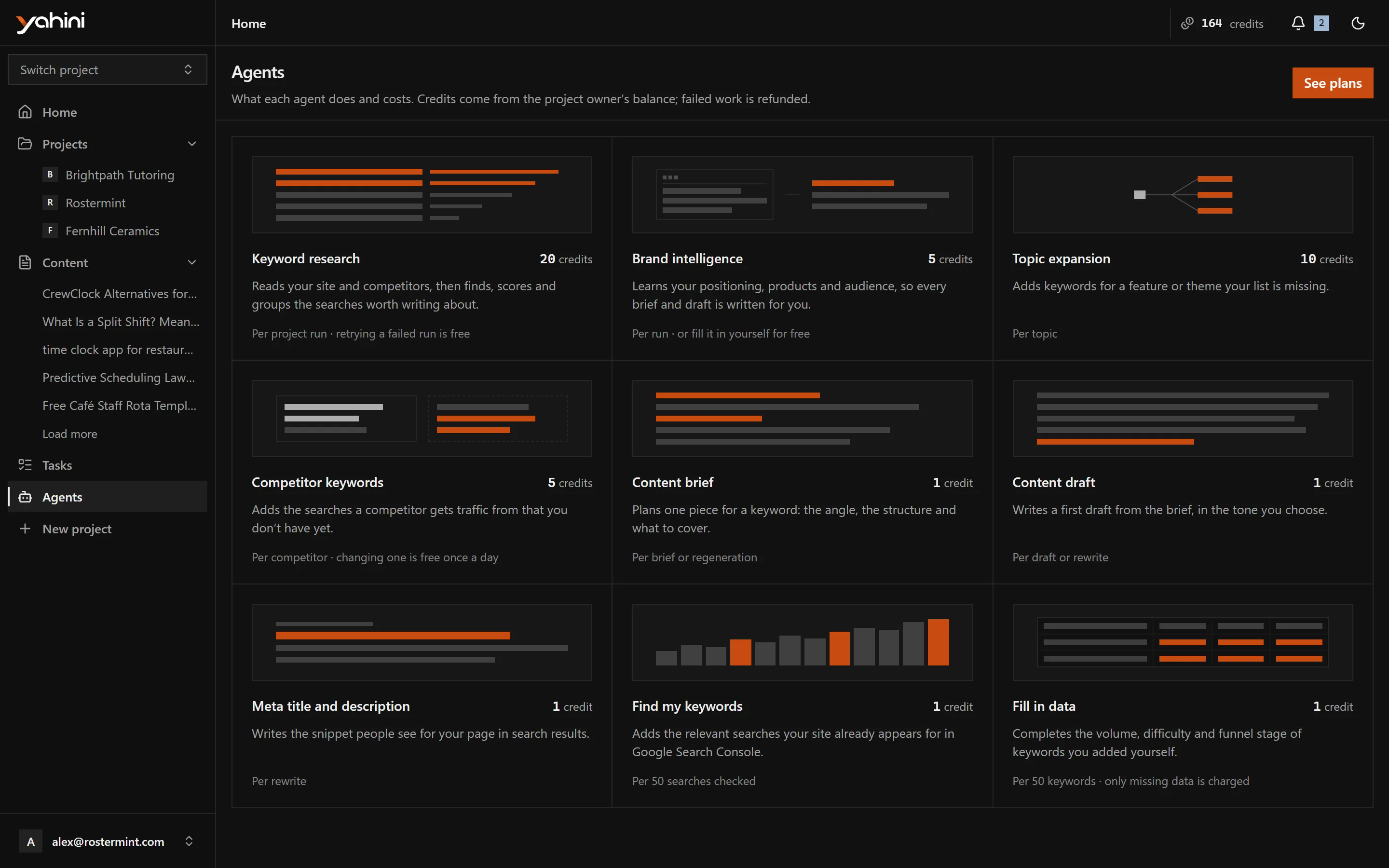 Agents: keyword research, brand intelligence, topic expansion, competitor keywords, briefs, drafts and more
