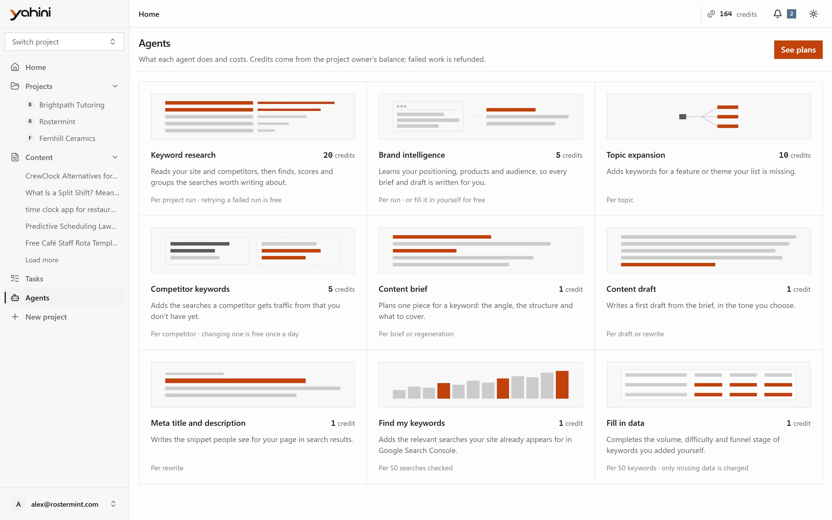 Agents: keyword research, brand intelligence, topic expansion, competitor keywords, briefs, drafts and more