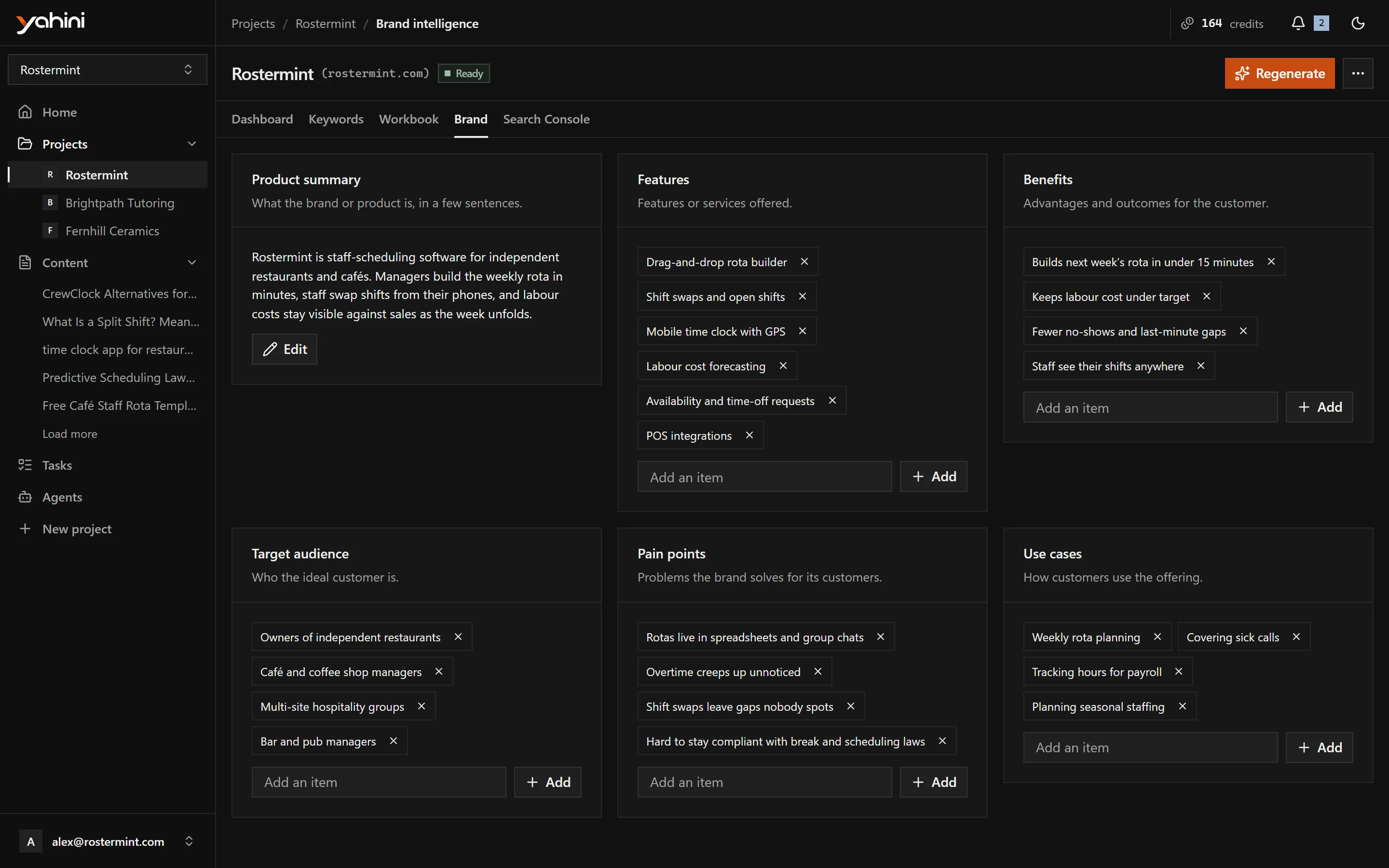 Brand intelligence: product summary, features, benefits, audience, pain points and use cases
