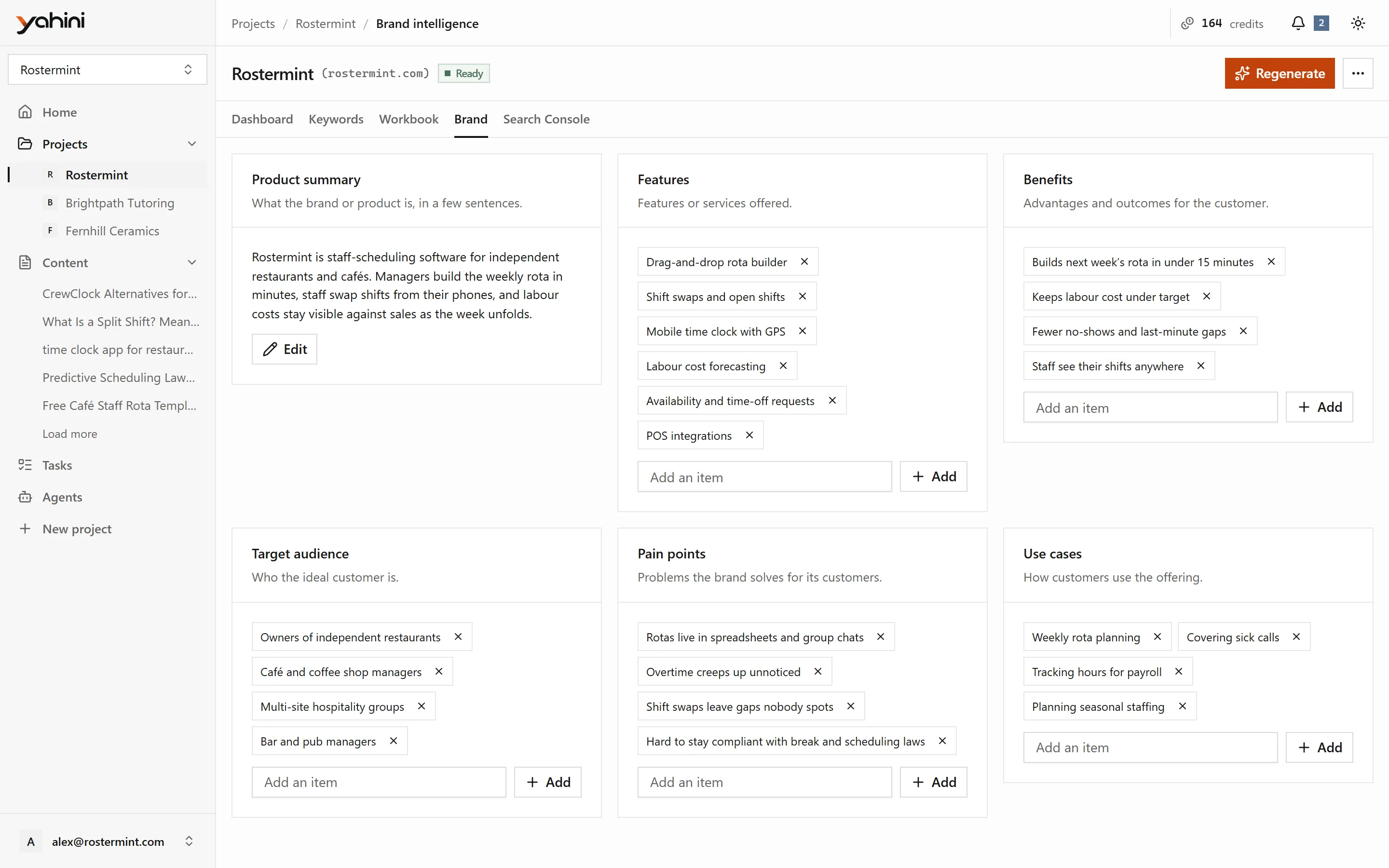 Brand intelligence: product summary, features, benefits, audience, pain points and use cases