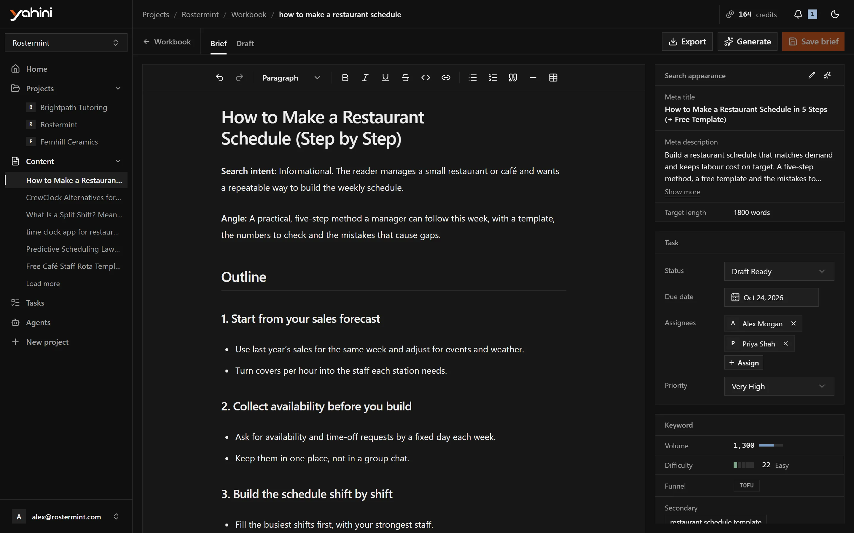 A brief, with search appearance, task and keyword panels