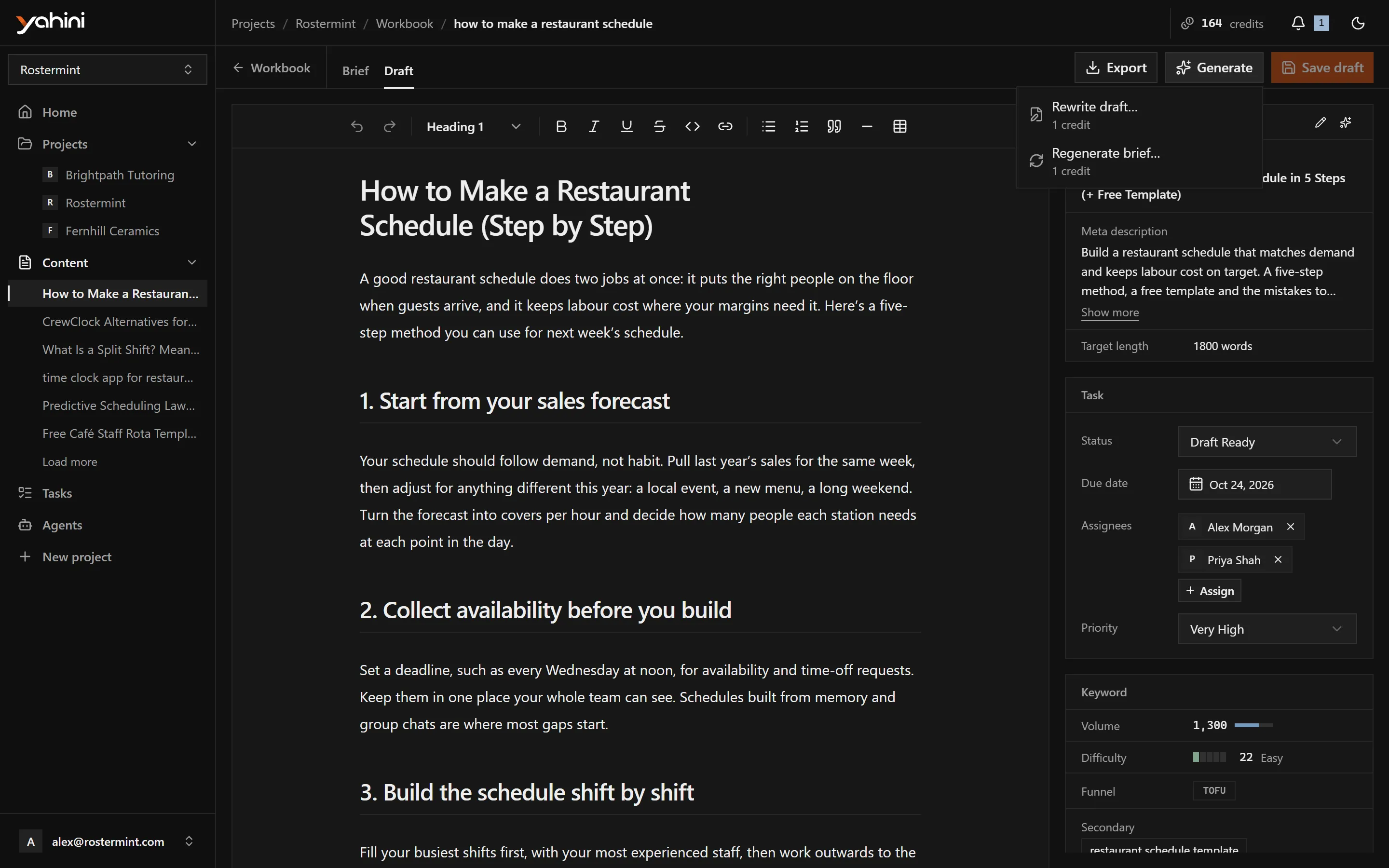 The Generate menu on the document page