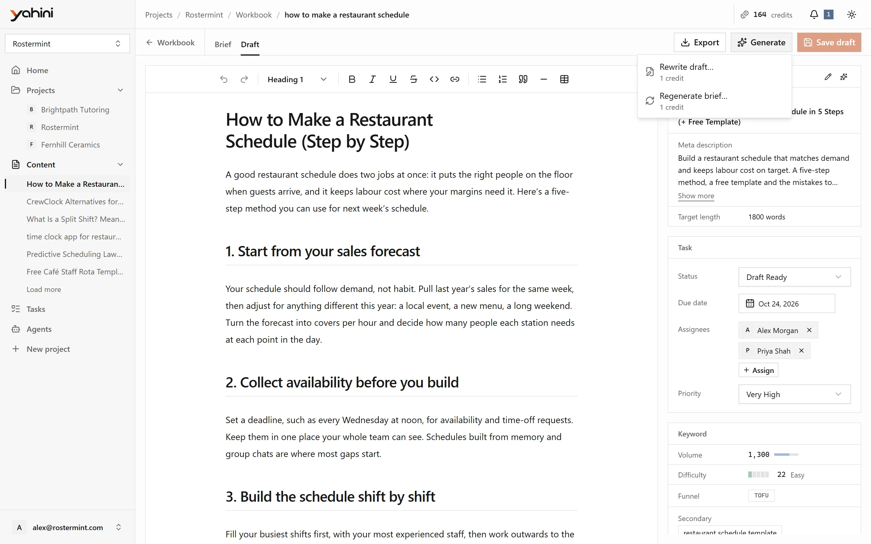 The Generate menu on the document page