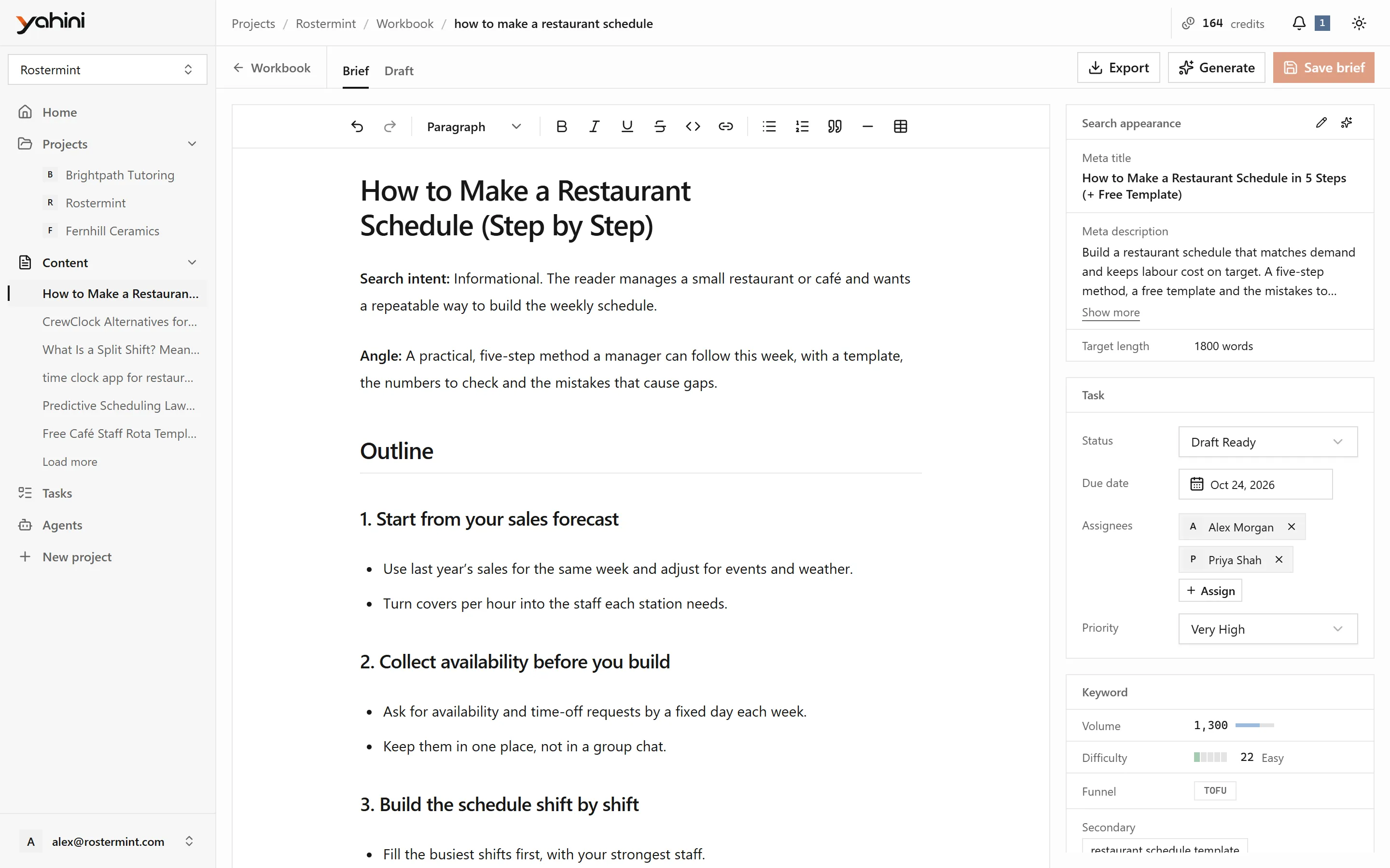 A brief, with search appearance, task and keyword panels