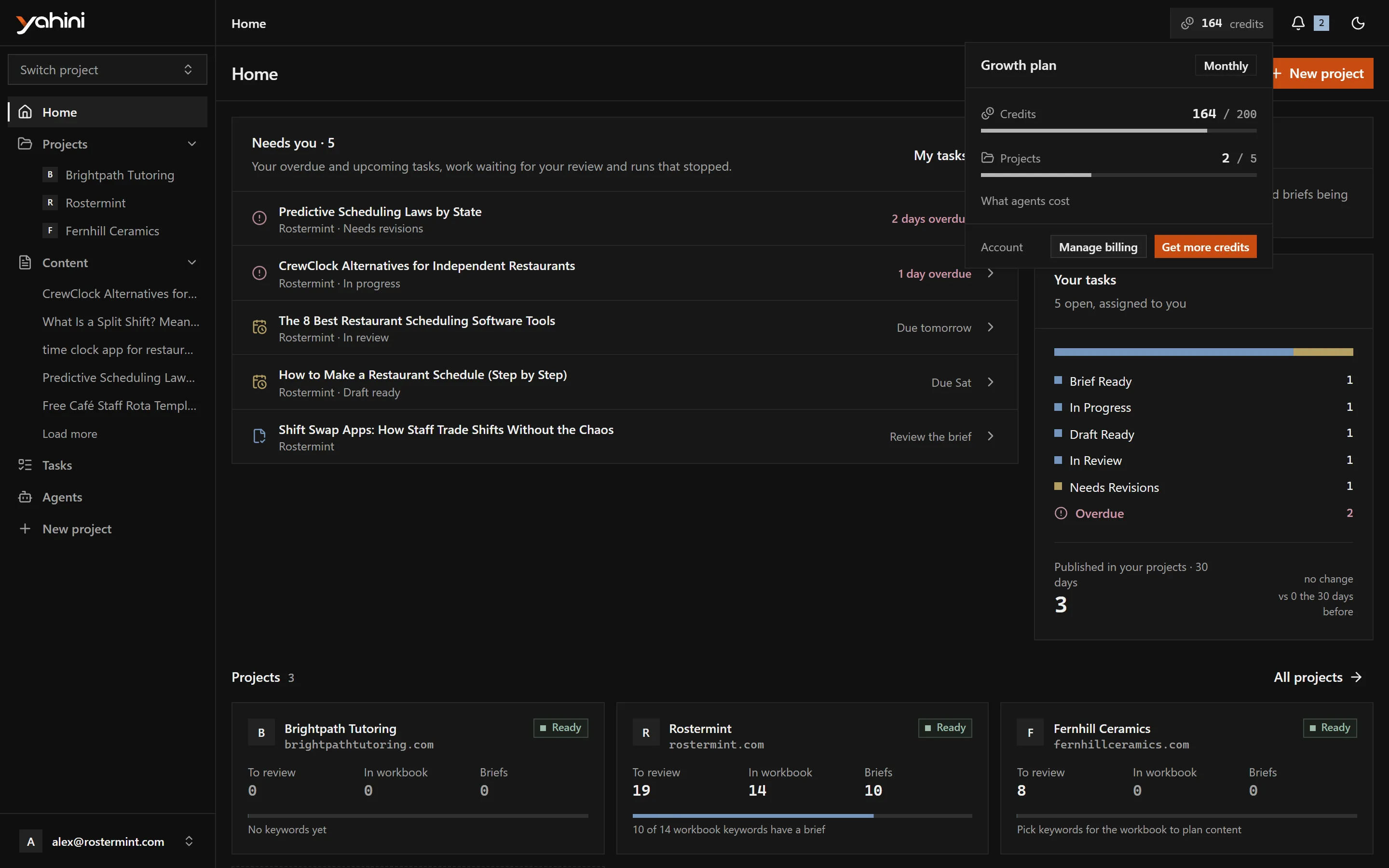 Your plan and credit usage, from the top bar