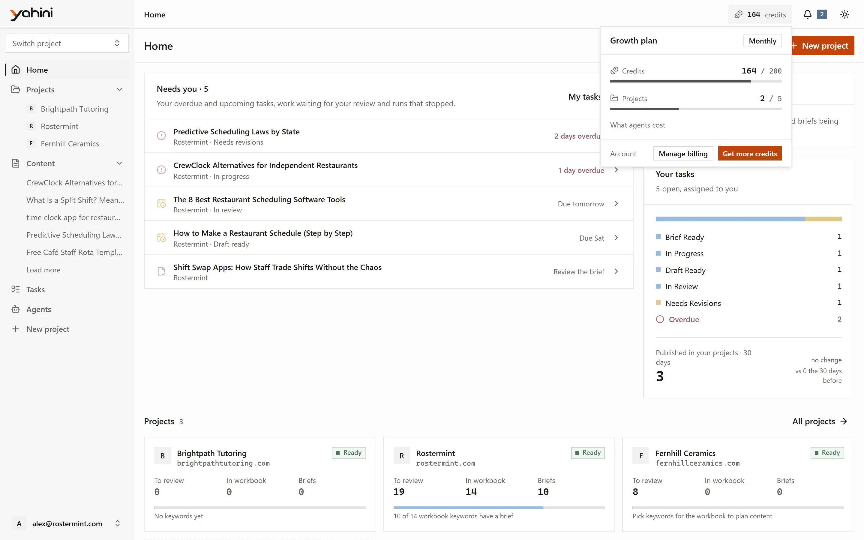 Your plan and credit usage, from the top bar