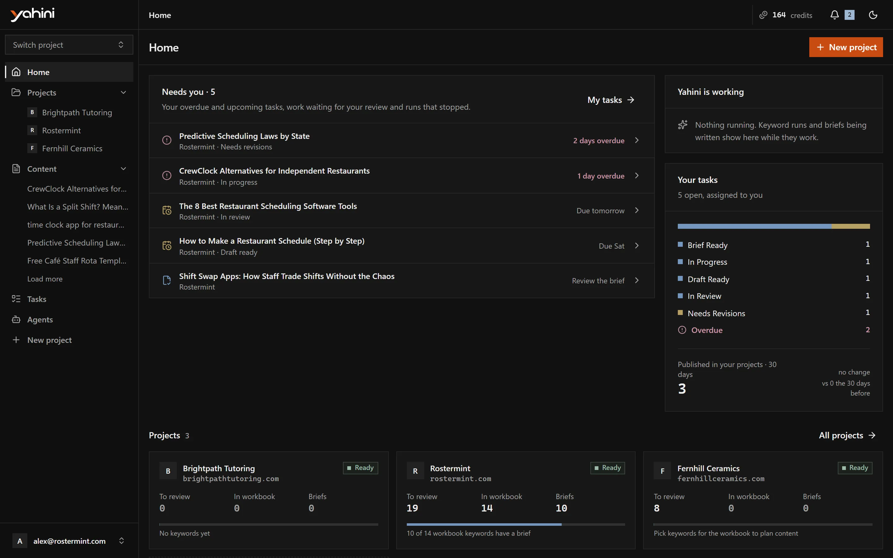 Yahini's home page: overdue and upcoming tasks, running agents and project progress