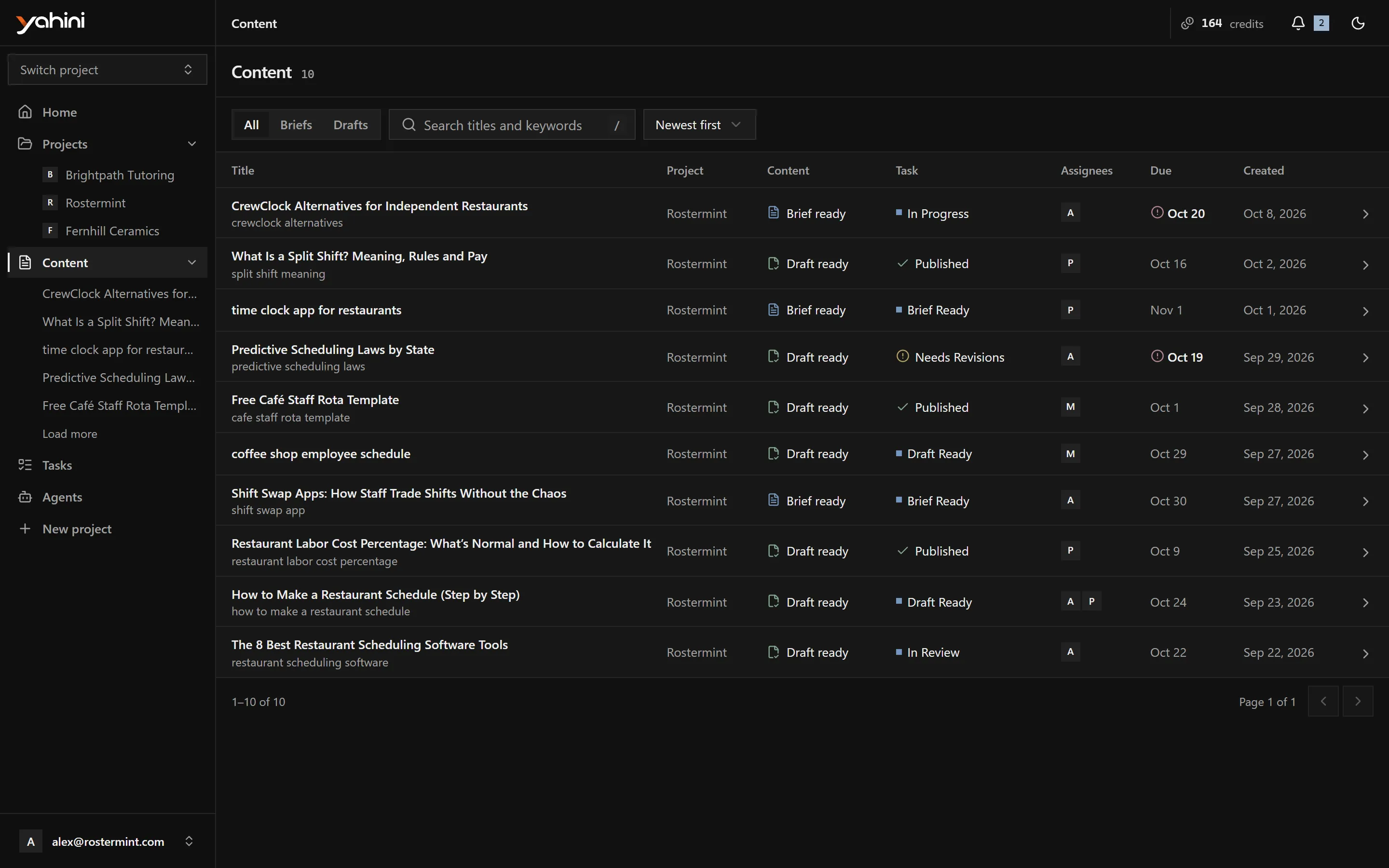 All briefs and drafts across projects