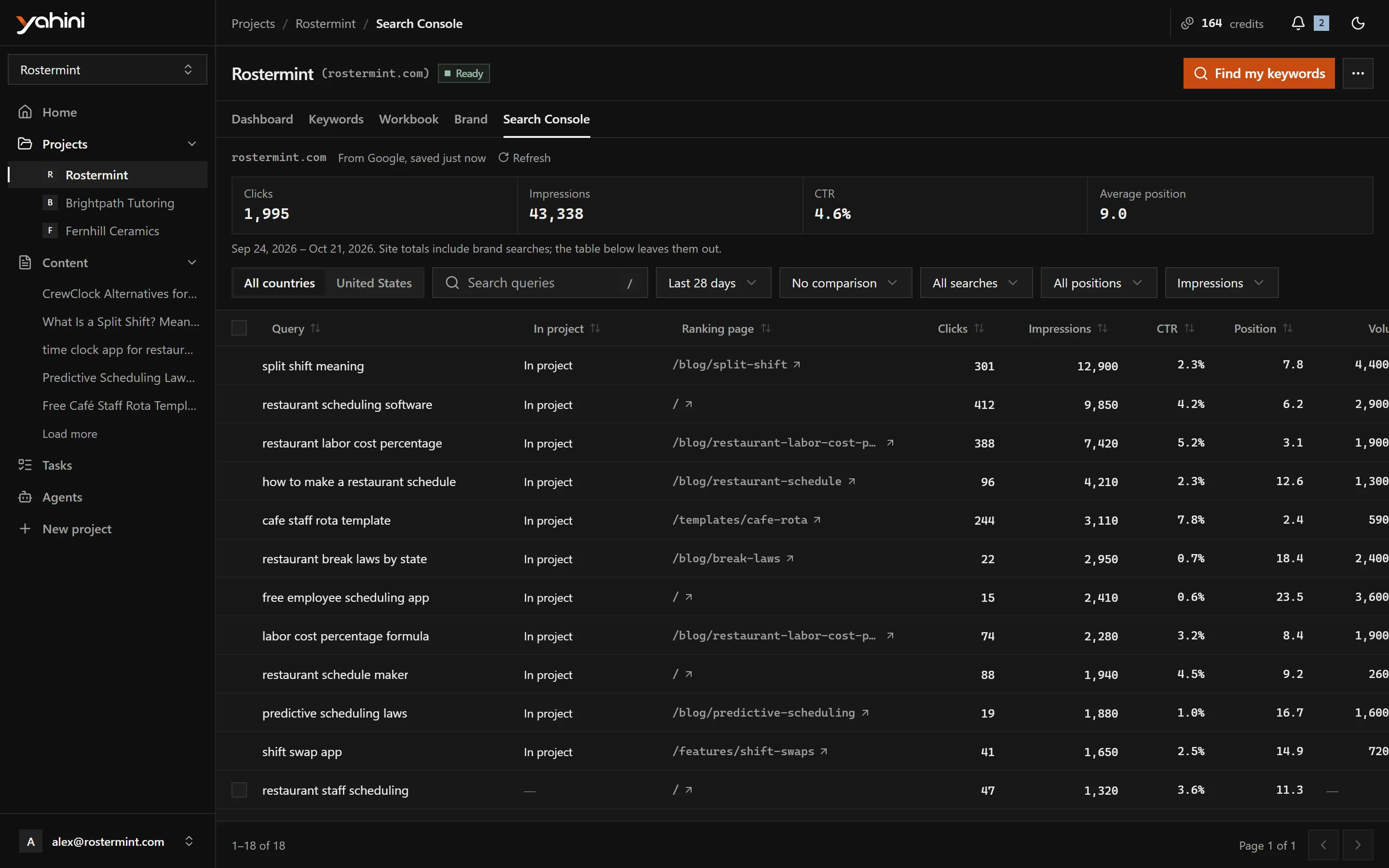 Search Console queries with ranking page, clicks, impressions, CTR and position
