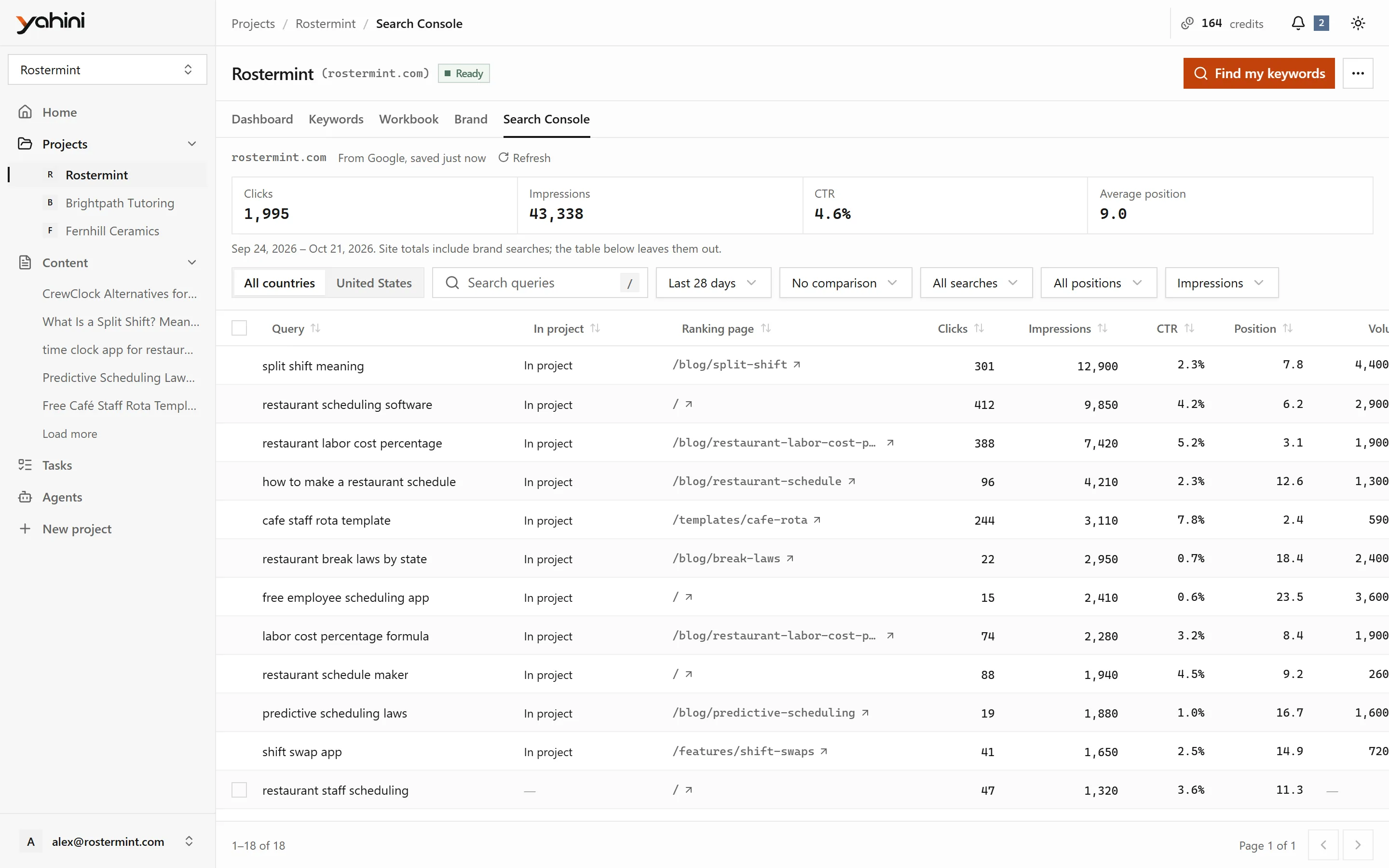 Search Console queries with ranking page, clicks, impressions, CTR and position