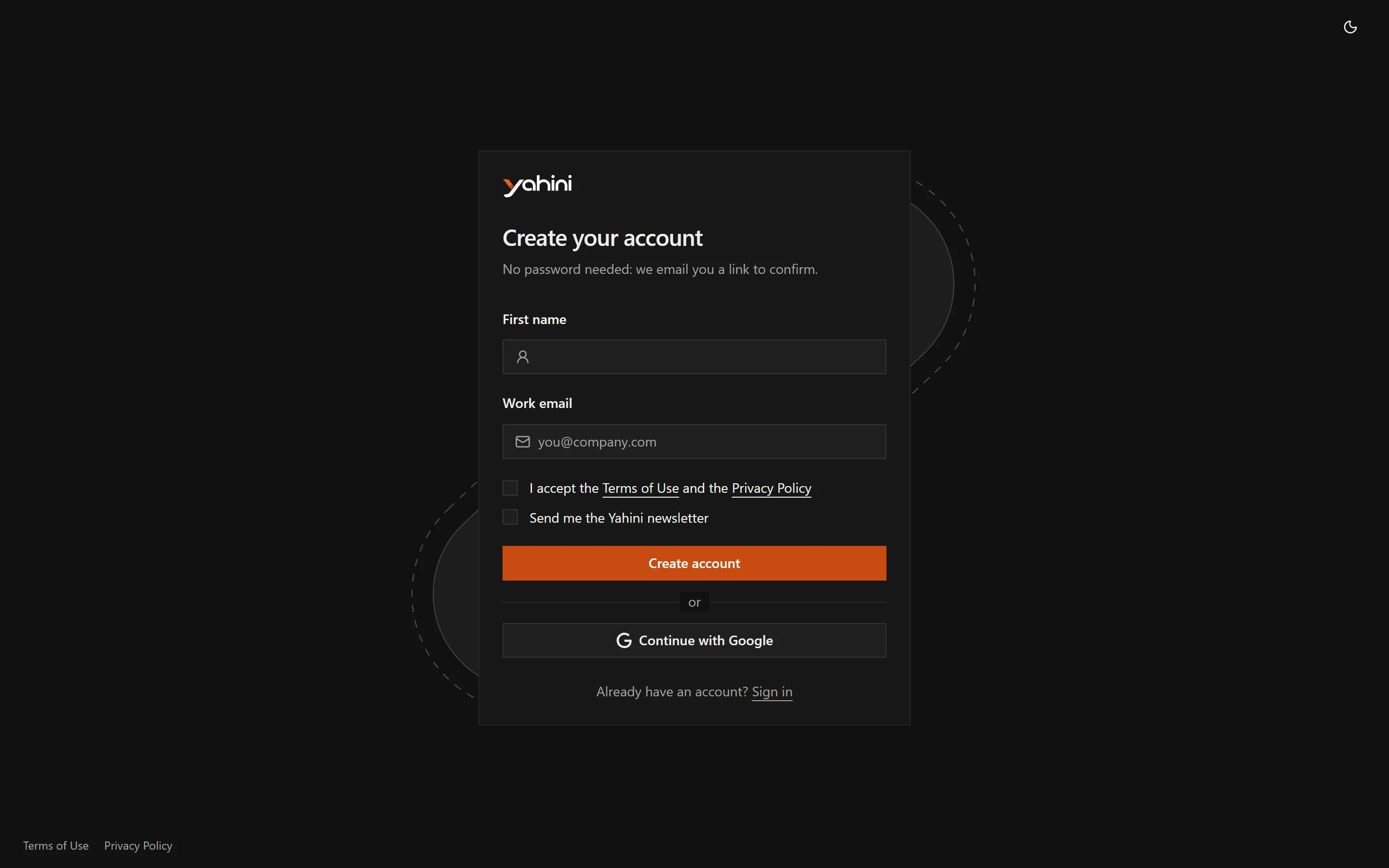 Create your account: first name, work email and Google sign-up
