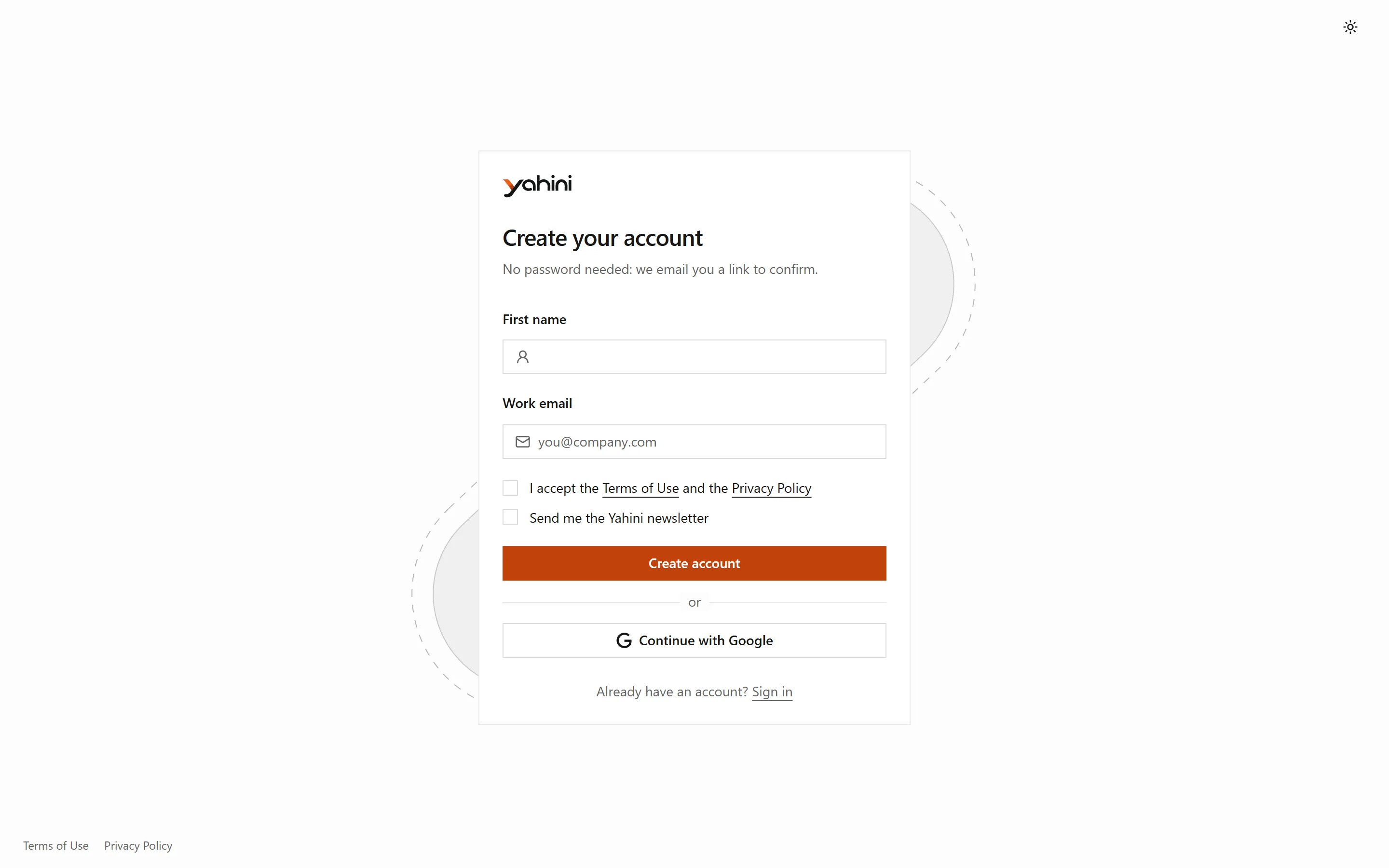 Create your account: first name, work email and Google sign-up